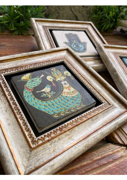 Renkli 3'lü Taş Duvar Dekoru Tablo Seti 20X20 Cm, Şahmeran ve Çiçek Desenli indirimleri