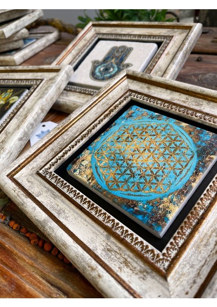 Renkli 3'lü Taş Duvar Dekoru Tablo Seti 20X20 Cm, Şahmeran ve Çiçek Desenli