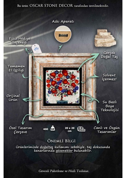 Renkli 3'lü Taş Duvar Dekoru Tablo Seti 20X20 Cm, Şahmeran ve Çiçek Desenli