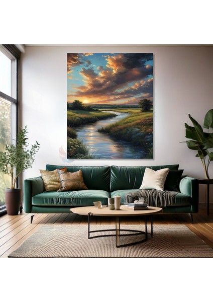 Kanvas Dikey Duvar Tablosu Kanvas Yeşillikler ve Nehir Ev Ofis Salon Modern Duvar Tablosu