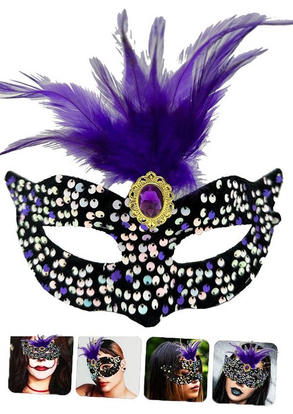 Ds-Derin Siyah Kadife Üzeri Rengarenk Payetli Pullu Mor Tüylü Mor Taşlı Parti Maskesi 19X21 cm