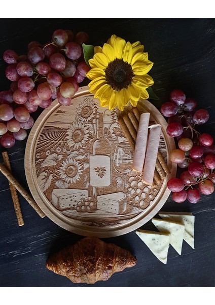 Ayçiçeği Temalı Ahşap Şarap Sunum Tahtası