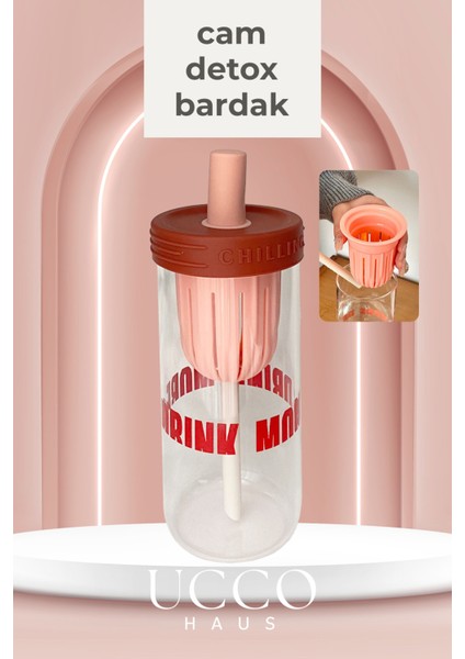 600ML More Drink Pipetli Cam Detox Matara Suluk Bardak - Süt, Su, Meşrubat, Limonata Sunum Bardağı