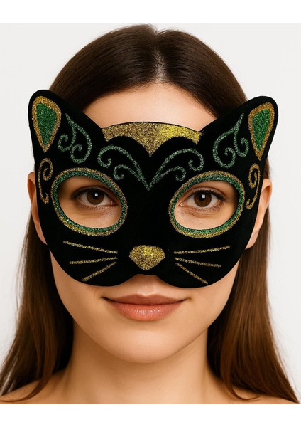 Ds-Derin Siyah Kadife Kaplama Üzeri Sarı Yeşil Sim Işlemeli Kedi Maskesi 20X13 cm