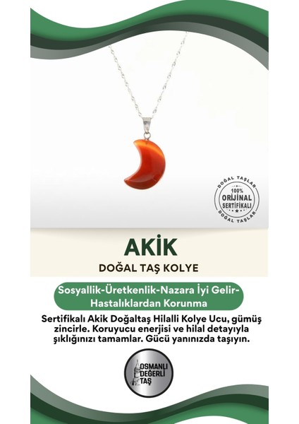 Sertifikalı Akik Doğaltaş Hilalli Kolye Ucu, Gümüş Zincirli, Zarif ve Şık Tasarım