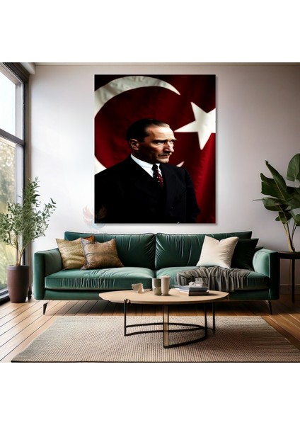 Kanvas Dikey Duvar Tablosu Kanvas Atatürk ve Bayrak Ev Ofis Salon Modern Duvar Tablosu