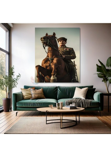 Kanvas Dikey Duvar Tablosu Kanvas Atatürk At Üstünde Ev Ofis Salon Modern Duvar Tablosu