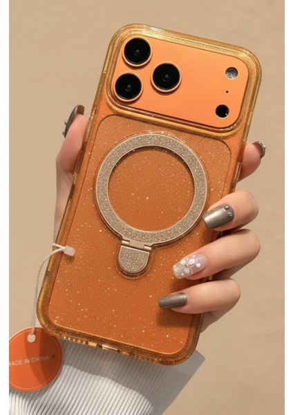 iPhone 17 Pro Max Uyumlu Simli Turuncu Saydam Arkası Sert Stant Darbe Korumalı Magsafe Kılıf