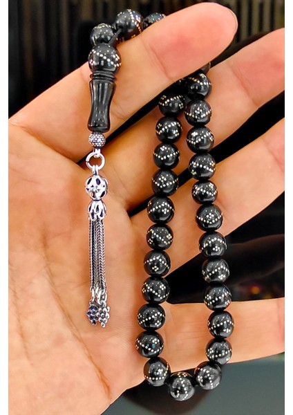 Gümüş Işlemeli Rus Oltu Taşı Erkek Tesbihi, Püsküllü ve Şık Tasarım