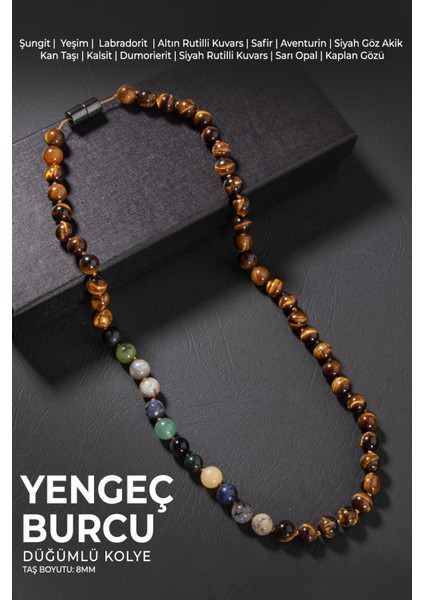 Doğal Taşlı Düğümlü Yengeç Burcu Kolye, Sertifikalı, Şungit, Safir, Opal, Kuvars, Kaplan Gözü