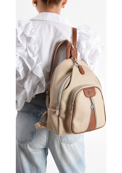 ,çok Cepli,kullanışlı, açık vizon taba Bayan Sırt Çantası