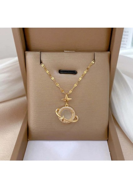 Parlak Opal Yıldız Gezegeni Kolye, 14 Ayar Altın Kaplama, Sevgililer Günü Hediyesi