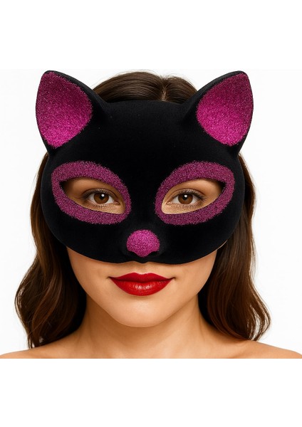 Ds-Derin Siyah Renk Fuşya Simli Süet Kaplama Kedi Maskesi 18X14 cm