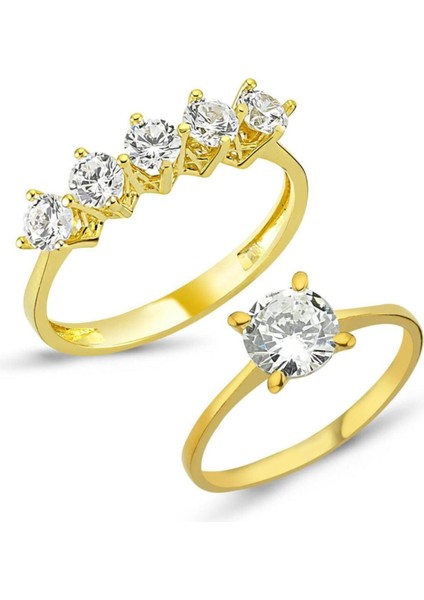 Şık 5 Taş ve Tek Taş Yüzük Seti, Altın, Zarif ve Parlak Takı Koleksiyonu