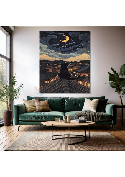 Kanvas Dikey Duvar Tablosu Kanvas Ay ve Kedi Ev Ofis Salon Modern Duvar Tablosu
