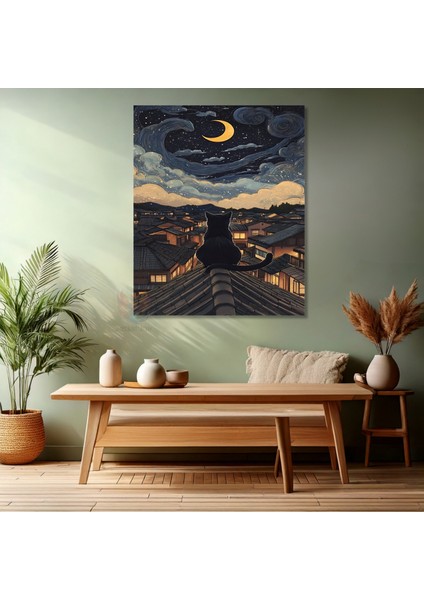 Kanvas Dikey Duvar Tablosu Kanvas Ay ve Kedi Ev Ofis Salon Modern Duvar Tablosu modelleri