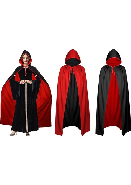 Çift Taraflı Kullanılabilir Siyah Kırmızı Kapişonlu Pelerin 140 cm Yetişkin fiyatları