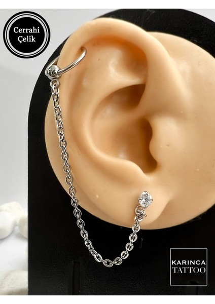 Parlak Taşlı Zincirli Kulak Piercingi, Şık ve Zarif Tasarım.