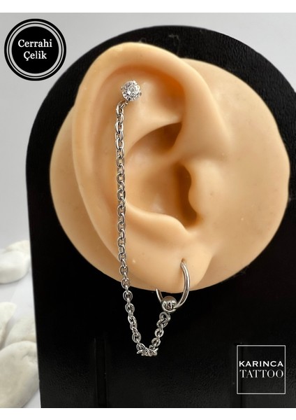 Parlak Taşlı Zincirli Kulak Piercingi, Şık ve Zarif Tasarım. fiyatları