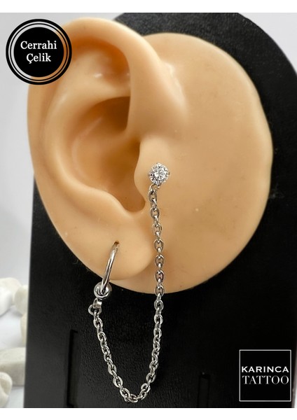 Parlak Taşlı Zincirli Kulak Piercingi, Şık ve Zarif Tasarım. modelleri