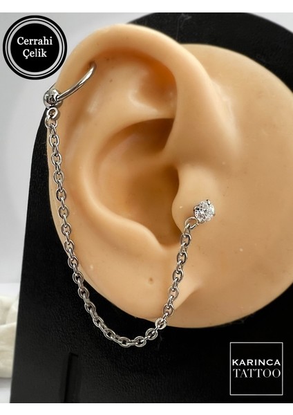 Parlak Taşlı Zincirli Kulak Piercingi, Şık ve Zarif Tasarım. fırsatları