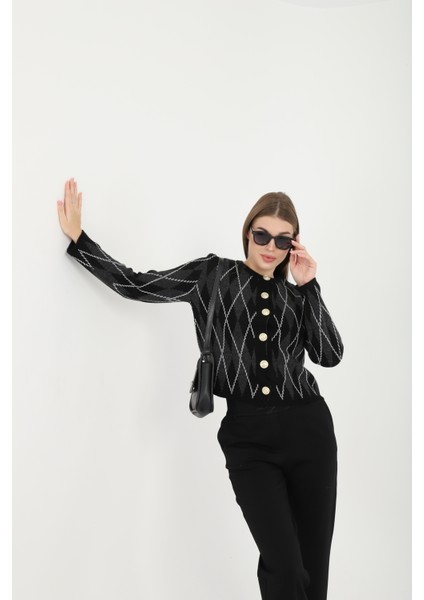 Kadın Gold Düğmeli Baklava Desen Bisiklet Yaka Hırka fırsatları