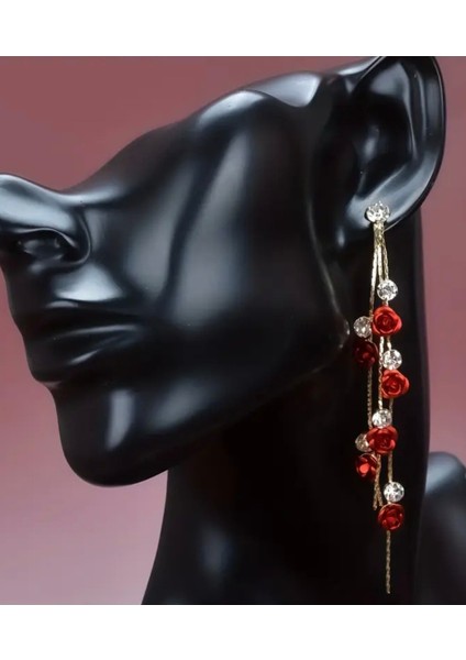 Kırmızı Gül Detaylı Uzun Sallantılı Şık Püsküllü Abiye Küpe