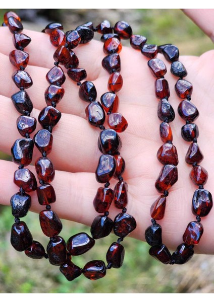 Parlak Vişne Renkli Damla Kehribar Unisex Kolye 50 cm