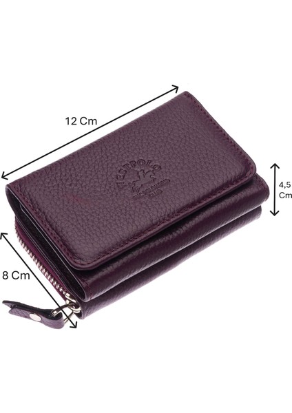 Hakiki Deri Kağıt Para ve Bol Kart Bölmeli Fermuarlı Kadın Cüzdanı - Mürdüm