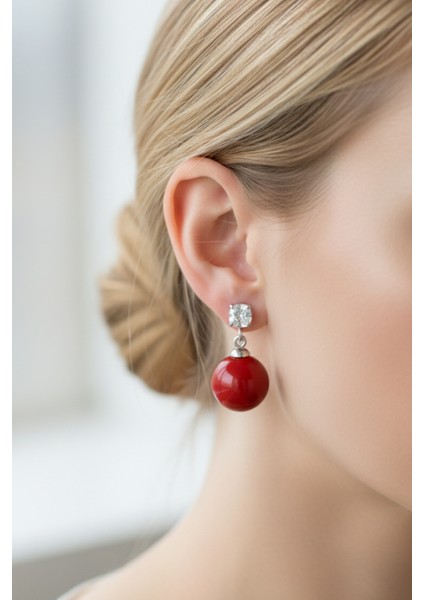 925 Ayar Gümüş Mercan Taşlı Parlak Tekli Küpe Kırmızı modelleri