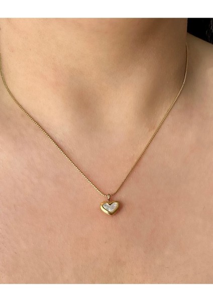 Sedefli Mini Kalp Kolye, Şık ve Zarif Takı, Çelik Malzeme, Hediye Alternatifi