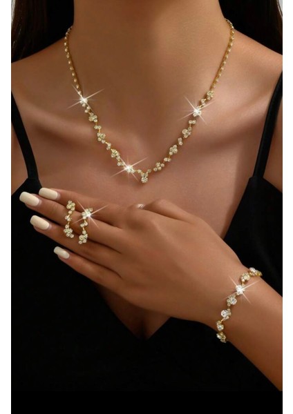 Altın Tonlu 3'lü Takım: Kolye, Küpe ve Bileklik, Şık ve Zarif Tasarım