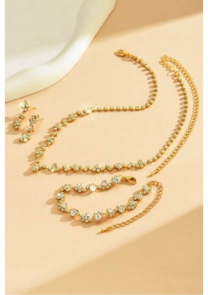 Altın Tonlu 3'lü Takım: Kolye, Küpe ve Bileklik, Şık ve Zarif Tasarım fiyatları