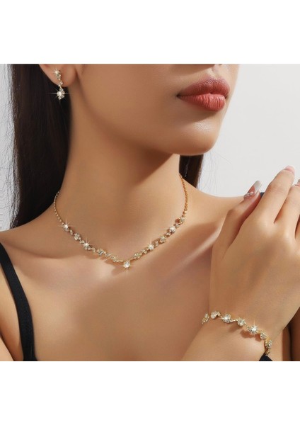 Altın Tonlu 3'lü Takım: Kolye, Küpe ve Bileklik, Şık ve Zarif Tasarım indirimleri