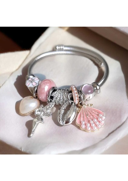 Pembe Deniz Kabuklu Zarif Çarm Bileklik, Gümüş Işıltısı