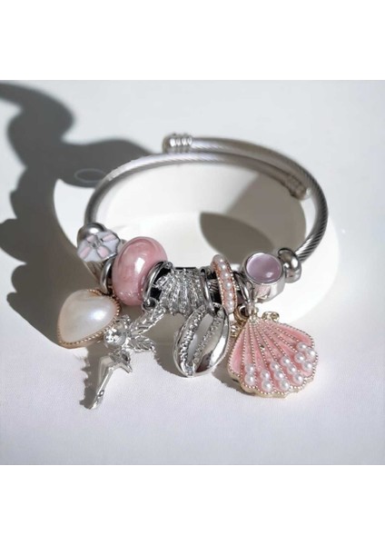 Pembe Deniz Kabuklu Zarif Çarm Bileklik, Gümüş Işıltısı modelleri