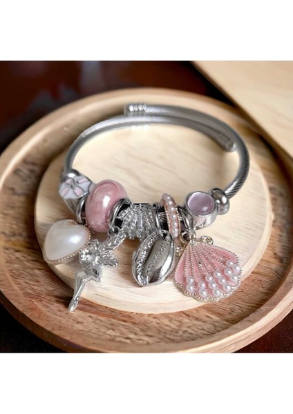 Pembe Deniz Kabuklu Zarif Çarm Bileklik, Gümüş Işıltısı indirimleri
