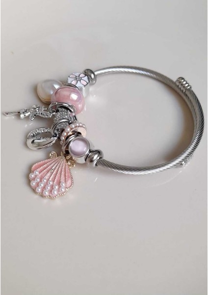 Pembe Deniz Kabuklu Zarif Çarm Bileklik, Gümüş Işıltısı