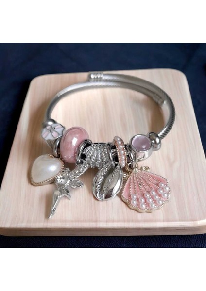 Pembe Deniz Kabuklu Zarif Çarm Bileklik, Gümüş Işıltısı
