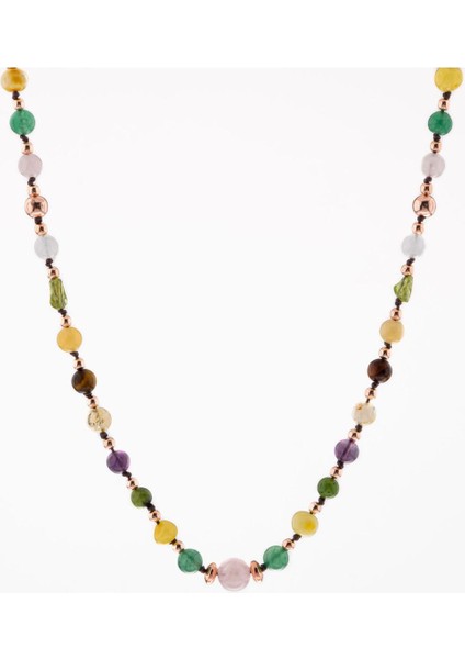 Doğal Taşlı Anne Kolyesi, Kehribar, Pembe Kuvars, Ametist, Kaplan Gözü, Sitrin, Selenit