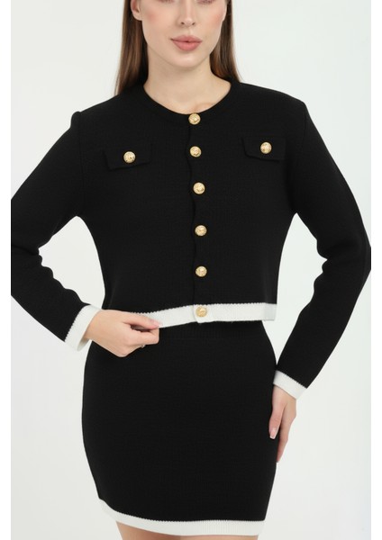 Kadın Hırka Etekli Takım Düğmeli Takma Cepli Düğmeli Takım