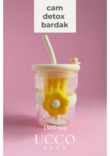 500ML Papatya Desenli Pipetli Cam Detox Termos Matara Bardak - Süt, Su, Meşrubat, Limonata Bardağı