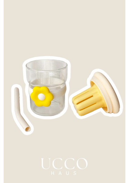 500ML Papatya Desenli Pipetli Cam Detox Termos Matara Bardak - Süt, Su, Meşrubat, Limonata Bardağı