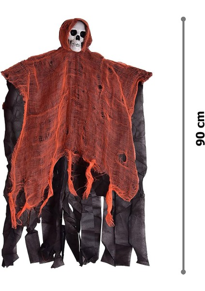 Ds-Derin LED Işıklı Kahkaha Atan Sesli Sensörlü Ürpertici Kuru Kafa Korku Hayalet Saçaklı Dekor 90X50 cm