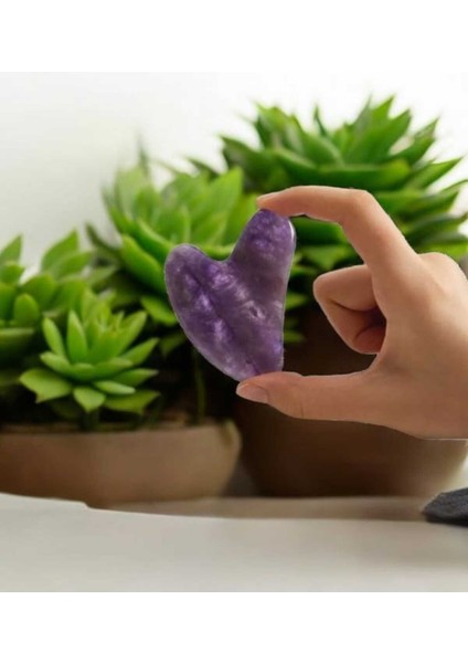 Mor Ametist Doğal Taş Kalpli Gua Sha Masaj Taşı, Sinir Sistemini Destekler