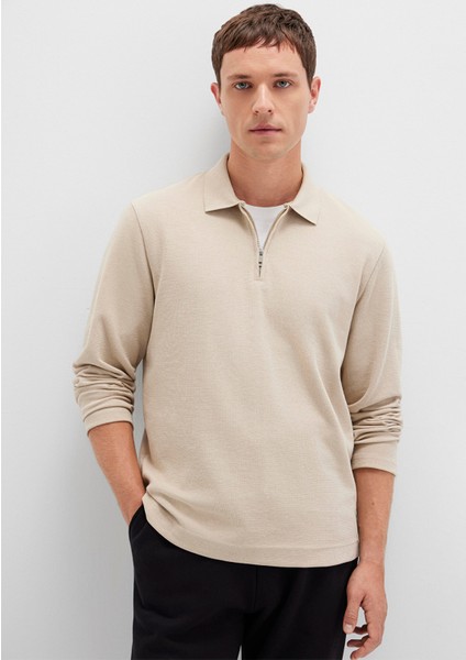 Yarı Fermuarlı Uzun Kollu Bej Tişört 0613045-70039