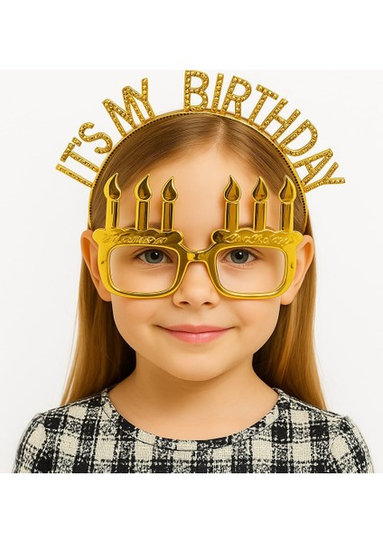Ds-Derin It&amp;#39;s My Birthday Yazılı Taç ve Mum Şekilli Gözlük Seti Altın Renk