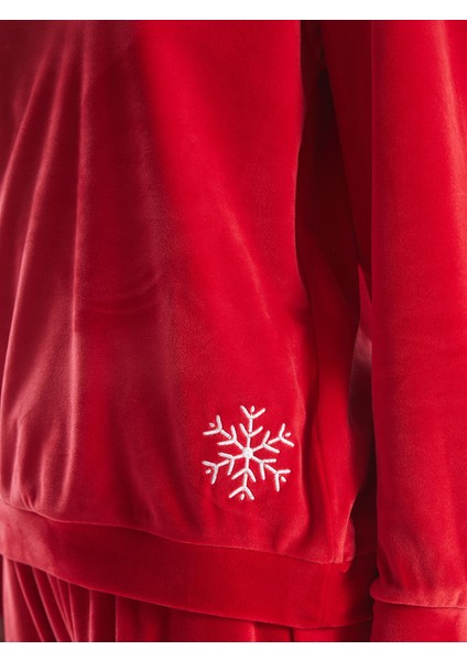 Yeni Sezon Bisiklet Yaka Nakışlı Uzun Kollu Kadın Pijama Takımı modelleri