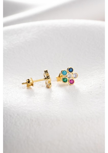 Renkli 925 Ayar Gümüş Gold Kaplama Kır Çiçeği Mini Küpe, Taşlı ve Şık Tasarım