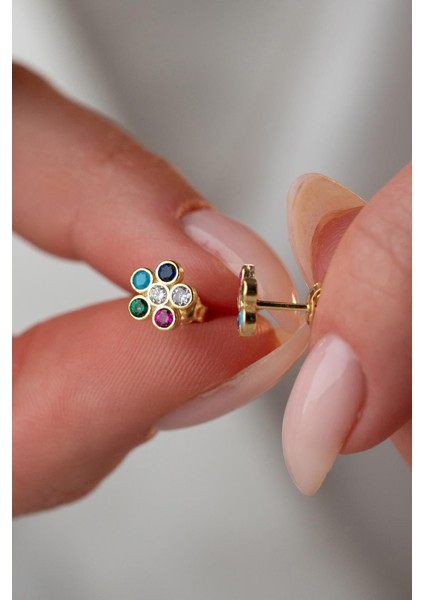 Renkli 925 Ayar Gümüş Gold Kaplama Kır Çiçeği Mini Küpe, Taşlı ve Şık Tasarım fiyatları